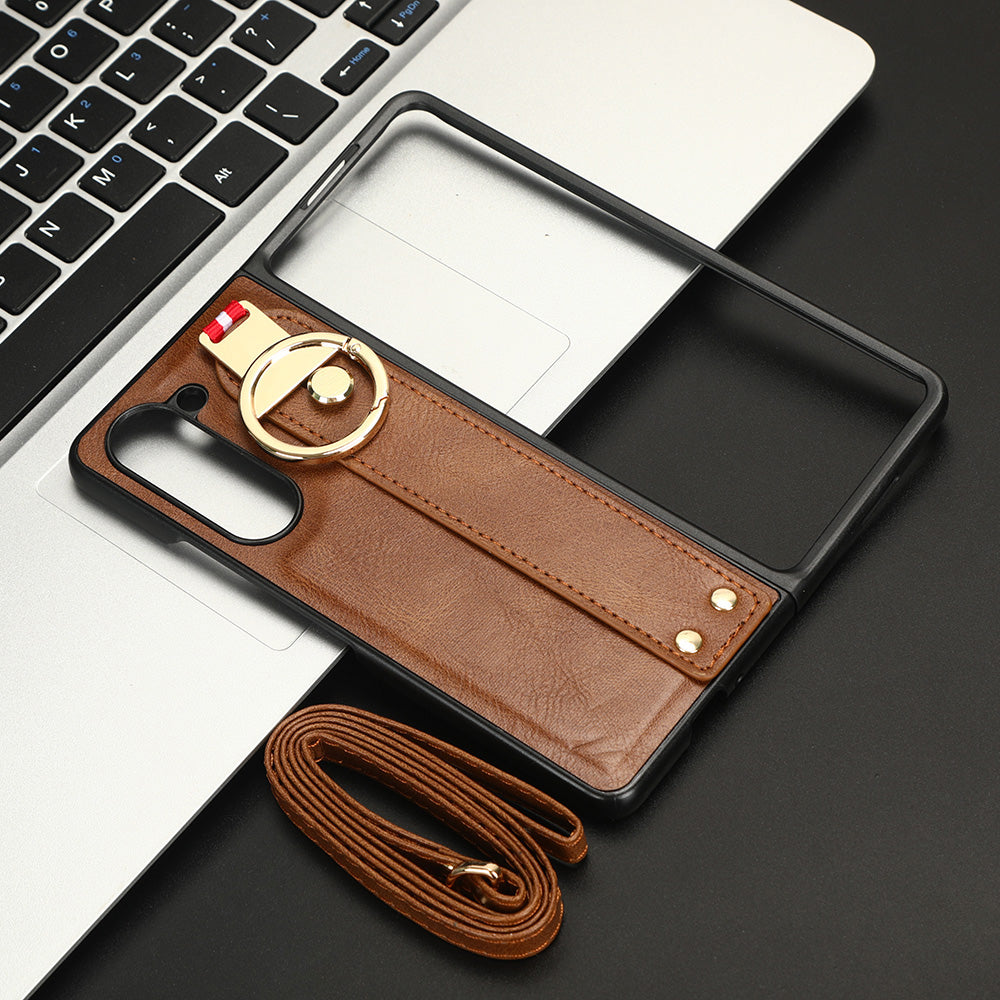For Samsung Galaxy Z Fold5 5G Calf Texture PU Leather PC Case Kickstand Grip Phone Cover with Shoulder Strap For Samsung Galaxy Z Fold5 5G Calf Texture PU Leather PC Case Kickstand Grip Phone Cover with Shoulder Strap